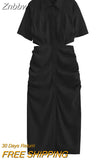 Znbbw ZBZA Women 2023 Shirt Dress Women Waist Cut-out Midi Dress Fashion Design Sexy Elegant Femme Vestidos 202307