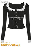 Znbbw Women's Sweet Slim Crop Tops Solid Color Lace Patchwork Long Sleeve U-Neck Front Button Tops Streetwear