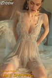 Znbbw Summer Women Sexy Sleepwear V-Neck Backless Nightdress Casual Nightgown Comfortable Lace Pajama Bifurcation Nightwear
