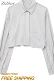 Znbbw TRAF 2023 Women 2 Pieces Sets Pocket Striped Short Shirt Tops + High Waist Unisex Style Long Pants Sets