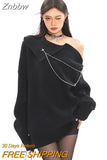 Znbbw Y2K Gothic Oversized Sweater Women Punk Grunge Zipper Knitted Jumper Sexy Loose Casual Off Shoulder Chic Pullover Tops
