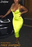 Znbbw Women Summer Neon Satin Lace Up Long Midi Dress Y2K Sleeveless Bodycon Backless Elegant Party Sexy Slim Dress Club Clothes