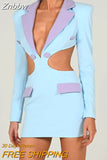 Znbbw Hollow Out Backless Blazer Dress For Women Robe Autumn Notched Collar Full Sleeve Bodycon Party Mini Dress Vestido