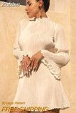 Znbbw Sexy Flare Sleeve O Neck Pleated Mini Dress For Women Robe Autumn Long Sleeve Ruched Short Dress Clubwear Vestido