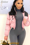 Znbbw Winter Jacket Women Stand Collar Patchwork Puffer Parka Outwear Elastic Hem Warm Zipper Front Crop Coats