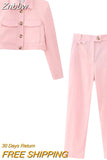 Znbbw TRAF Pink Two Piece Set Women Kawaii Sweet Party Long Pant Set Female Long Sleeve Blazer + Elegant Pant Suit 2023