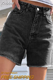 Znbbw High Waist Frayed Hem Solid Denim Shorts Women Summer Streetwear 2023 Zipper Fly Pockets Fashion White Jean Shorts