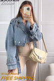 Znbbw TRAF Women 2023 Spring Fashion With Belt Cowboy Short Coat Vintage Long Sleeve Pockets Female Outerwear Chic Tops