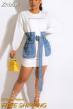 Znbbw Women Full Sleeve Jean Patchwork Short Dresses Female Autumn Casual Bodycon Denim Sweatshirt 2023 New Fashion Streetwear