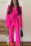 Znbbw Tops With Belt Pant Sets Women Fashion Single Button Jacket Trousers Autumn Winter Office Outfits Outwear