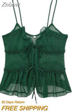 Znbbw TRAF Sexy Black Mesh See-Through Crop Tops V-Neck Front Tie Up Ruffles Camis Summer Holiday Backless Vest Tops