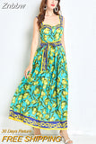 Znbbw Women's Runway Fashion Maxi Dress Summer Bohemia Lemon Print Lace Up Belt High Waist Vacation Long Spaghetti Strap Dress