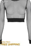 Znbbw Black Hollow Out Mesh T-Shirt Female Skinny Crop Top 2023 New Fashion Summer Basic Tops For Women Fishnet Shirt