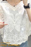 Znbbw Lace White Shirt Woman Summer 2023 Flare Sleeve Elegant Blouse Women Blusas Casual O-neck Tops Female Clothing 25897