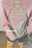 Znbbw Korean Fashion Pink Cropped Sweater Women Harajuku Bandage Knitted Pullover Loose Lace Up Y2K Tops Jumper Streetwear