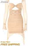 Znbbw Sexy Hollow Out Mini Dress Women Robe Double Layer Mesh Strapless Full Sleeve Backless Skinny Party Short Dress Vestido