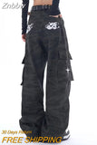 Znbbw Streetwear Embroidery Y2K Oversize Baggy Wide Leg Trouser Female Vintage Retro Jeans Camouflage Cargo Pants Women Hip Hop