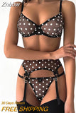 Znbbw Polk Dot Lingerie Sexy Female Underwear 4-Piece Fancy Intimate Set Luxury Erotic Bra And Panty Fetish Garter Belt Set