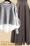 Znbbw Women Spring Autumn Two Pieces Sets Korean Long Sleeve Pullover Knitted Sweater And Pleated skirt Long Suit