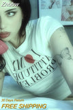 Znbbw Fashion Letter Print Fairy Grunge Women Summer E-girl White Crop Tops Slim 90s Streetwear Harajuku Goth Short Sleeve T-shirt