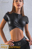 Znbbw Women Fashion Short Sleeve Leather Party Club Black Crop Tops T Shirts 2023 Summer Clothes Wholesale Items For Business