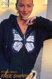 Znbbw Gothic Butterfly Print Oversize Zip Up Hoodies 2023 Winter New Grunge Long Sleeve Sweatshirt Casual Hooded Jacket Streetwear