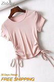 Znbbw Side Drawstring Tie Up Ruched Tank Tops Women Solid Color Slim Crop Top Ladies Streetwear Ribbed Knitted Tees