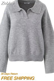 Znbbw TRAF Women Large Turn-Down Collar Knitted Sweater Slit Cuffs Autumn Winter Ladies V-Neck Loose Knitted Sweater Tops