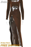 Znbbw Sexy Hollow Out High Split Maxi Dress For Women Robe 2023 Autumn Full Sleeve Ruched Club Party Long Dress Vestido