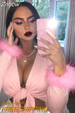 Znbbw long sleeve fur V-neck wrapped bandage sexy crop tops autumn winter women streetwear club party outfits T-shirts