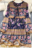 Znbbw Autumn Women's Travel Holiday indie Style Dress New Sweet Loose Thin Printed Long-sleeved Mid-length Dress GD647
