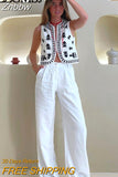 Znbbw TRAF Women Floral Embroidery Cardigan Vest Vintage V Neck Short Waistcoat Summer Female Casual Streetwear Chic Vest Tops
