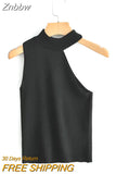 Znbbw TRAF Knitted Sweater Off Shoulder Pullovers Sweater for Women Sleeveless Turtleneck Female Jumper Black Sexy Clothing
