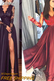 Znbbw Elegant Ladies Women Sexy Long Sleeve High Waist Lace Slim Fit V Neck Party Formal Split Maxi Dress Black/Wine Red