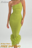 Znbbw Elegant One Shoulder Feather Bottom Midi Dress For Women Robe Summer New Sleeveless Bodycon Long Dress Clubwear