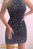 Znbbw Sleeveless Off Shoulder Sequin Mini Dress Women Fashion Halter Skirt Female Elegant O-neck High Waist Dresses
