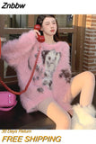 Znbbw Y2K Aesthetic Pink Sweater Women Harajuku Kawaii Cartoon Knitted Jumper Korean Sweet Casual Pullover Grunge Kpop 2000s