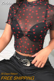Znbbw Mesh Heart Turtleneck T Shirts Tops Women Transparent 2023 See Through White Black Elastic Skinny Crop Tops Stretchy New