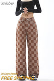 znbbw Women's Casual Vintage Plaid Wide Leg High Waist Jeans Pants 2023 Spring Hip Hop Streetwear Loose Straight Denim Trousers