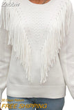 Znbbw Women Sweaters Tassels Autumn 2023 Solid Color Knitwear Long Sleeve Round Neck Fringe Decoration Hole Cutout Loose Sweater Tops
