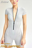 Znbbw 2023 New Short Sleeve Playsuit Women Overalls Spring Striped Zipper Sporty Rompers Ladies Casual Bodycon Playsuits
