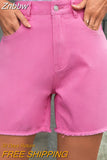 Znbbw High Waist Frayed Hem Solid Denim Shorts Women Summer Streetwear 2023 Zipper Fly Pockets Fashion White Jean Shorts