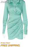 Znbbw Satin Shirt Dress Women Autumn Solid Turn-down Collar Single-breasted Long Sleeve Elegant Ruched Mini Dress Streetwear