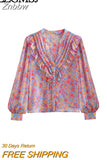 Znbbw TRAF Women Fashion With Ruffled Floral Print Shirts Women Vintage Long Sleeve Loose Female Blouses Chic Tops