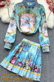Znbbw Women Fashion Luxury Print Shirt Top + Pleated Mini Skirt New 2023 Spring Autumn Vintage Long Sleeve Buttons Party 2 Piece Sets