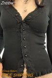 Znbbw Women Fairy Grunge Lace Trim Shirts Tops Long Sleeve Ribbed V Neck Tops Girl Basic Slim Fit Blouse 90s Vintage Aesthetic Clothes