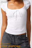 Znbbw Women Y2k  Grunge T-Shirts Tie-up Front  Cap Sleeve Scoop Neck Solid Color Slim Fit Tops Summer Blouse Streetwear