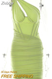 Znbbw Double Layer Mesh Bodycon Mini Dress Women Summer One Shoulder Backless Sexy dresses Sexy Party Ruched Dress Vestidos