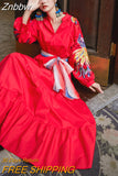 Znbbw Indie Folk Peacock Embroidery Red Christmas Dress Women's V-Neck Lantern Sleeve High Waist Bow Scarf Cotton Long Dresses