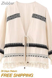 Znbbw TRAF Beige Cardigan Jackets Women 2023 Tassel Coat Loose Elegant Top Stylish Vintage Chic Trendy Folk Lace Up Top